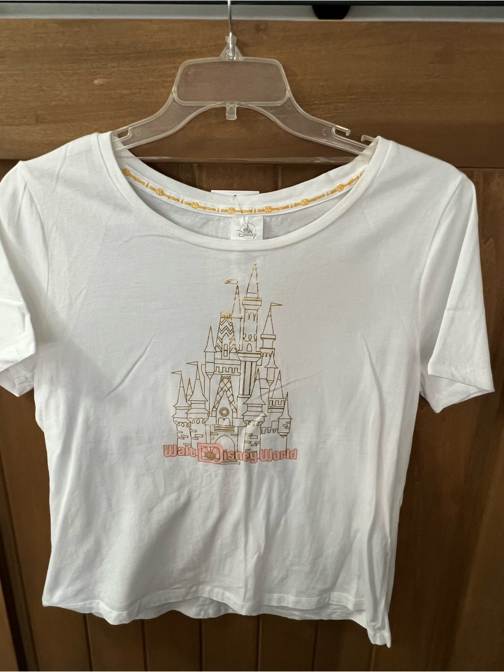 Disney White Tee with Gold Castle and Pink Walt Disney World Text